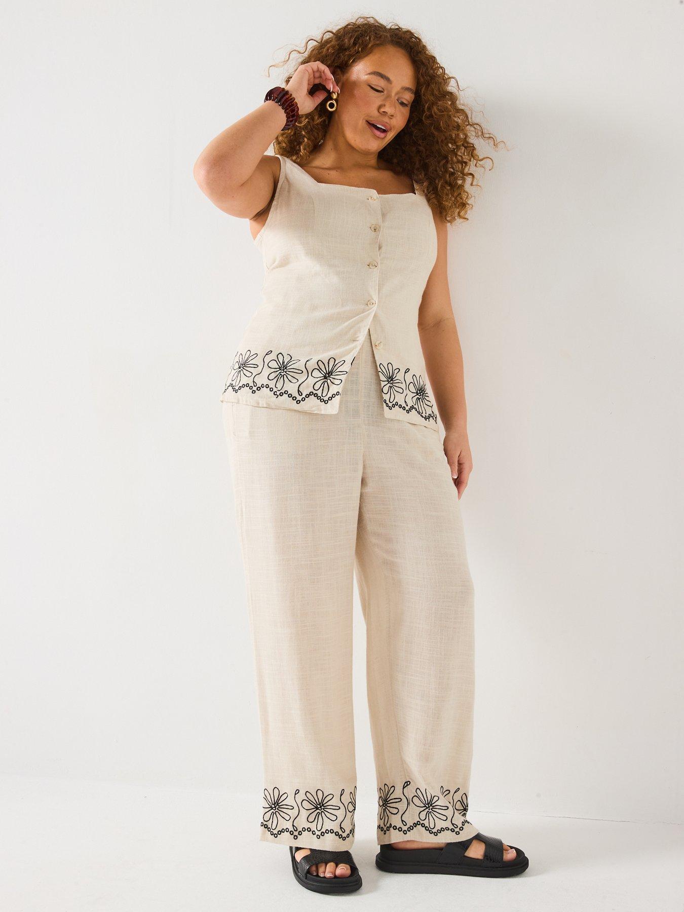 Image 3 of 6 of V by Very Curve Embroidered Hem Linen Mix Trousers - Beige