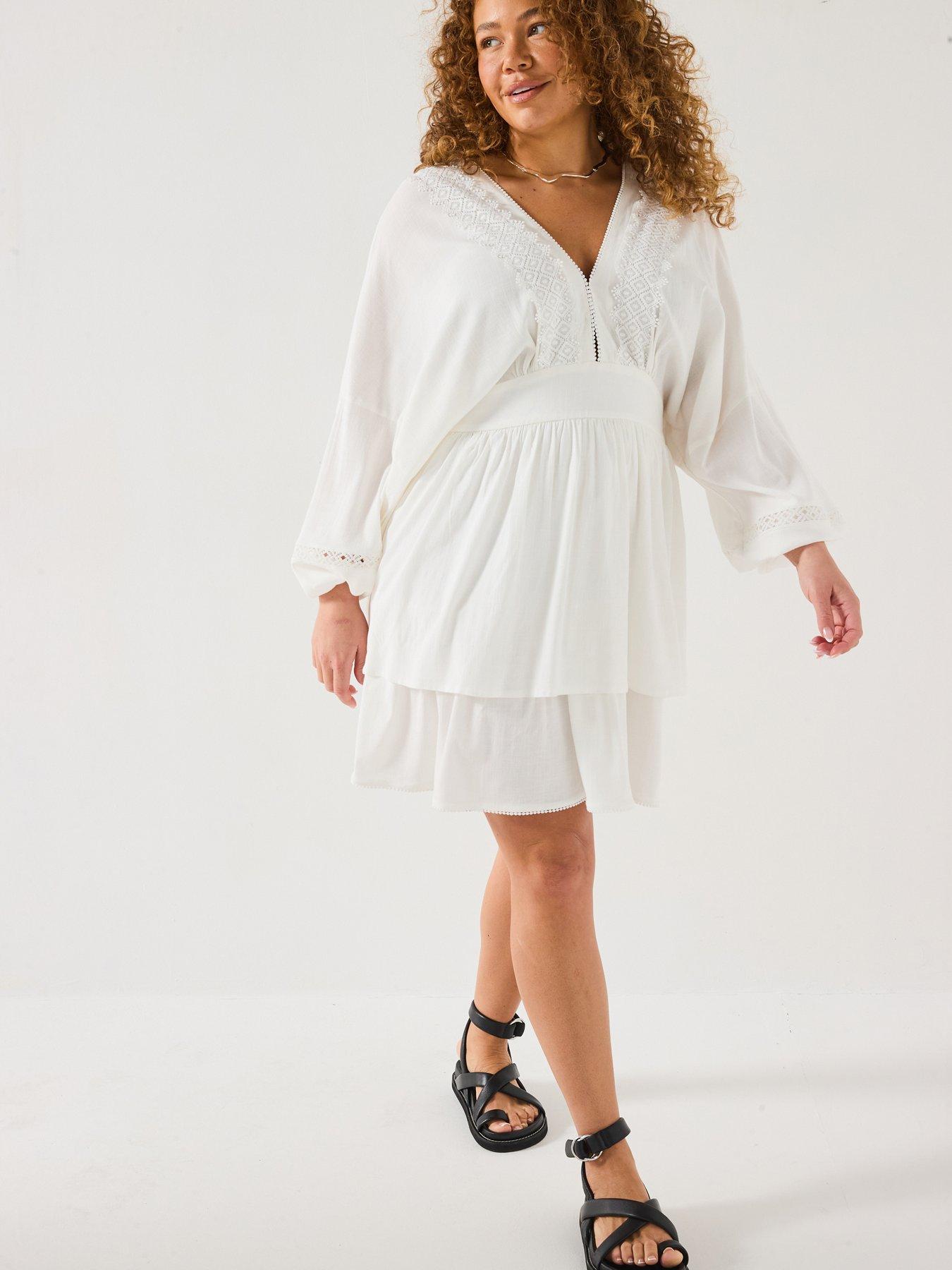 Image 1 of 6 of V by Very Curve Lace Trim Tiered Dress - White