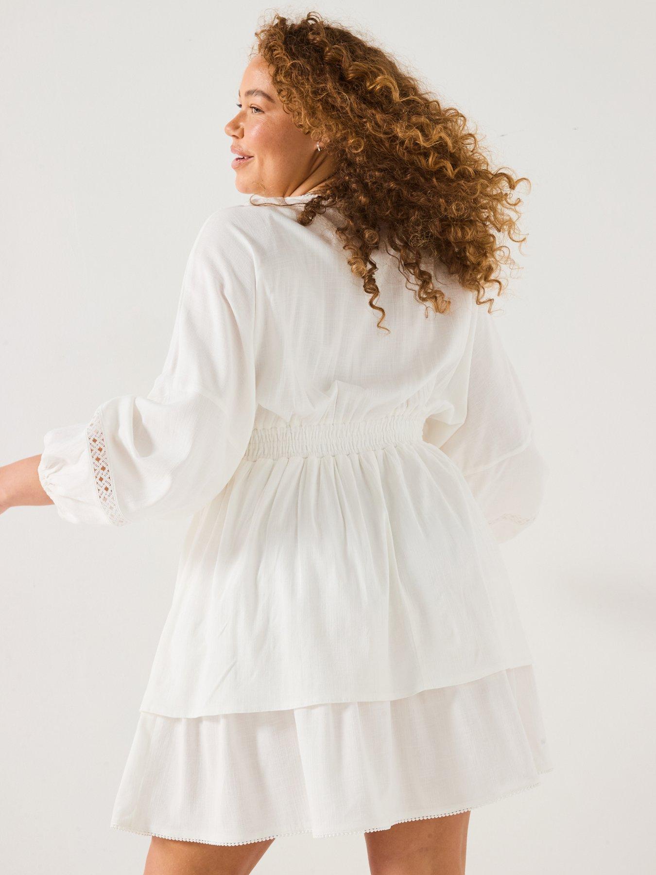 Image 2 of 6 of V by Very Curve Lace Trim Tiered Dress - White
