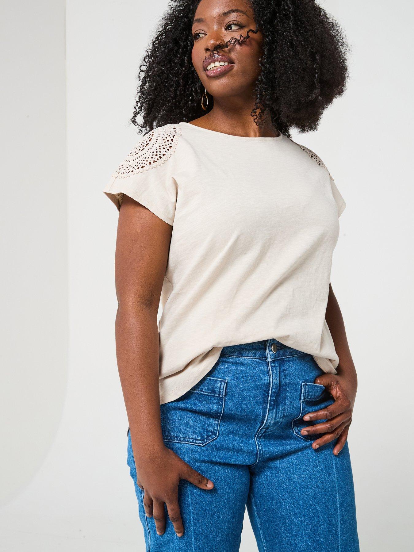 Image of V by Very Curve Crochet Shoulder T-Shirt - Beige