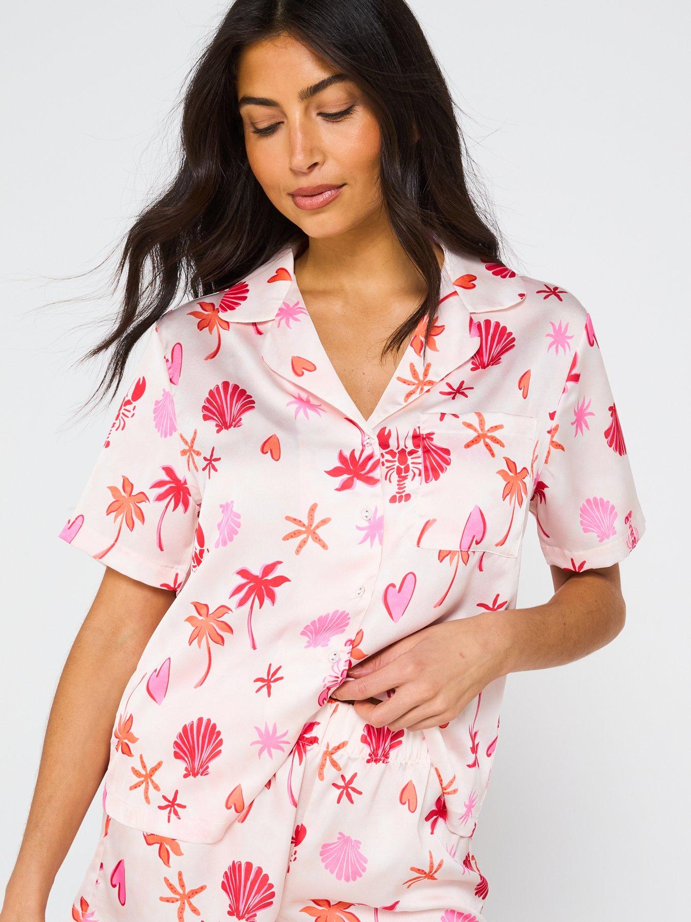 v-by-very-satin-beach-print-short-revere-set-pinkdetail