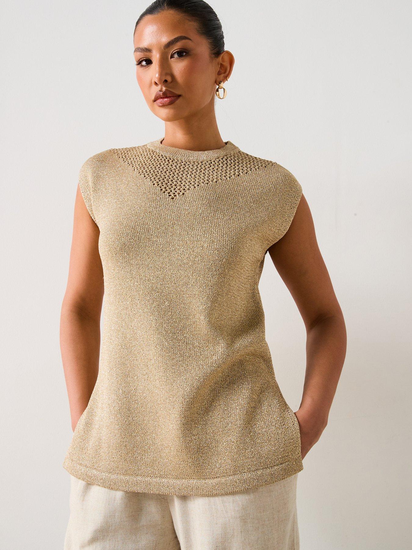 Image of V by Very Pointelle Knit Sleeveless Top - Metallic Gold
