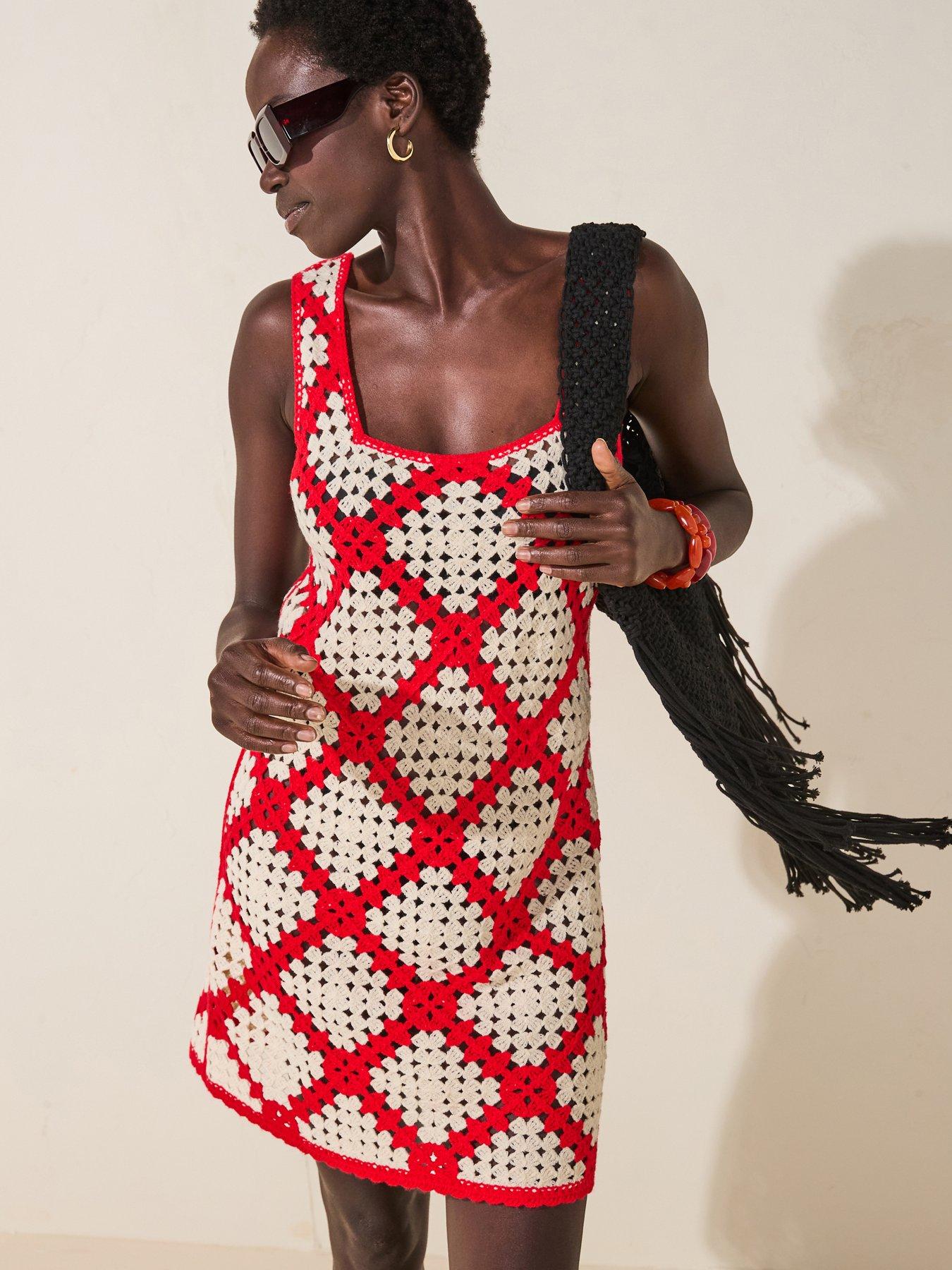 undefined Square Neck Crochet Mini Dress - Red