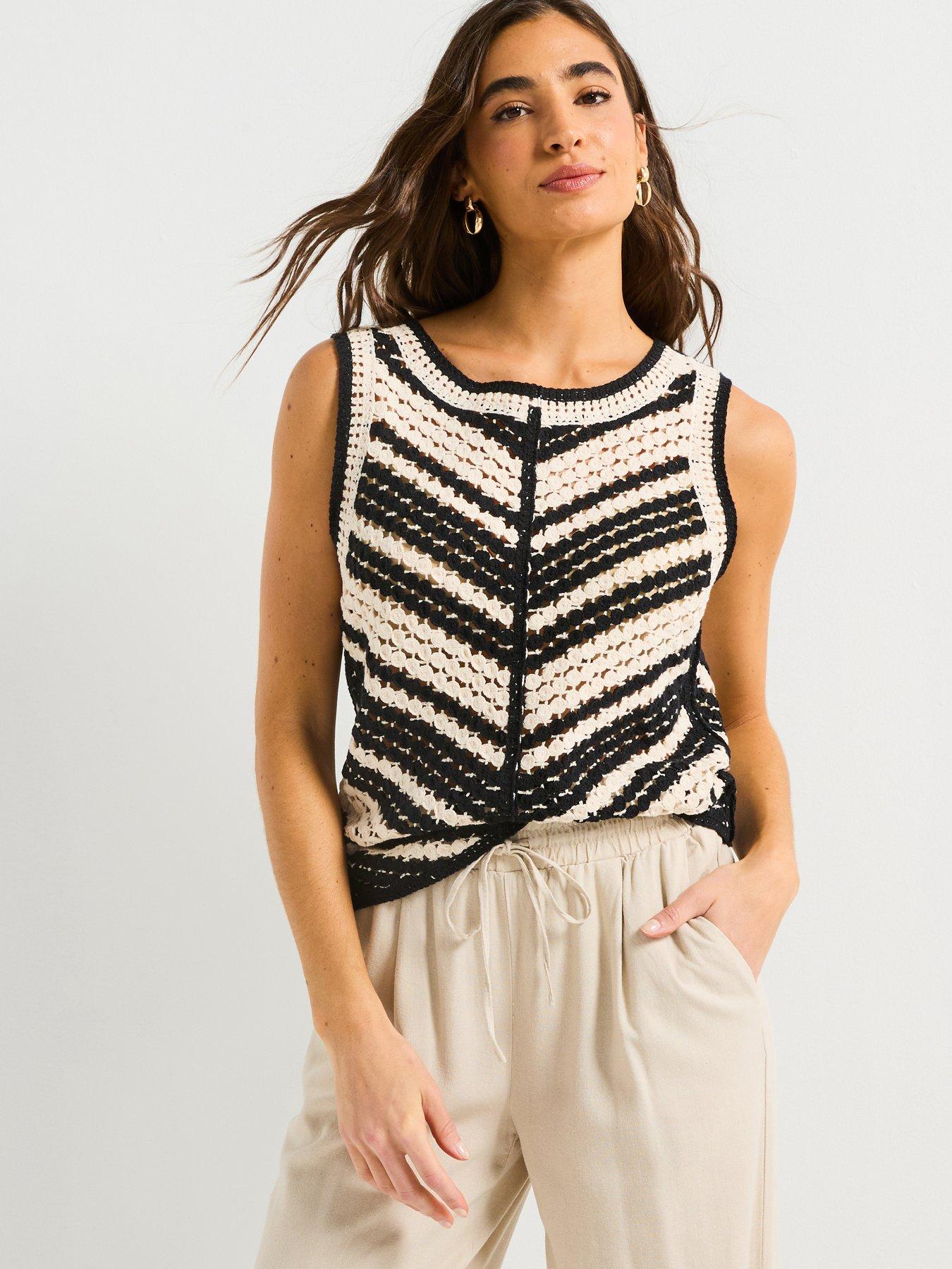 Image of V by Very Cotton Rich Sleeveless Crochet Top - Mono