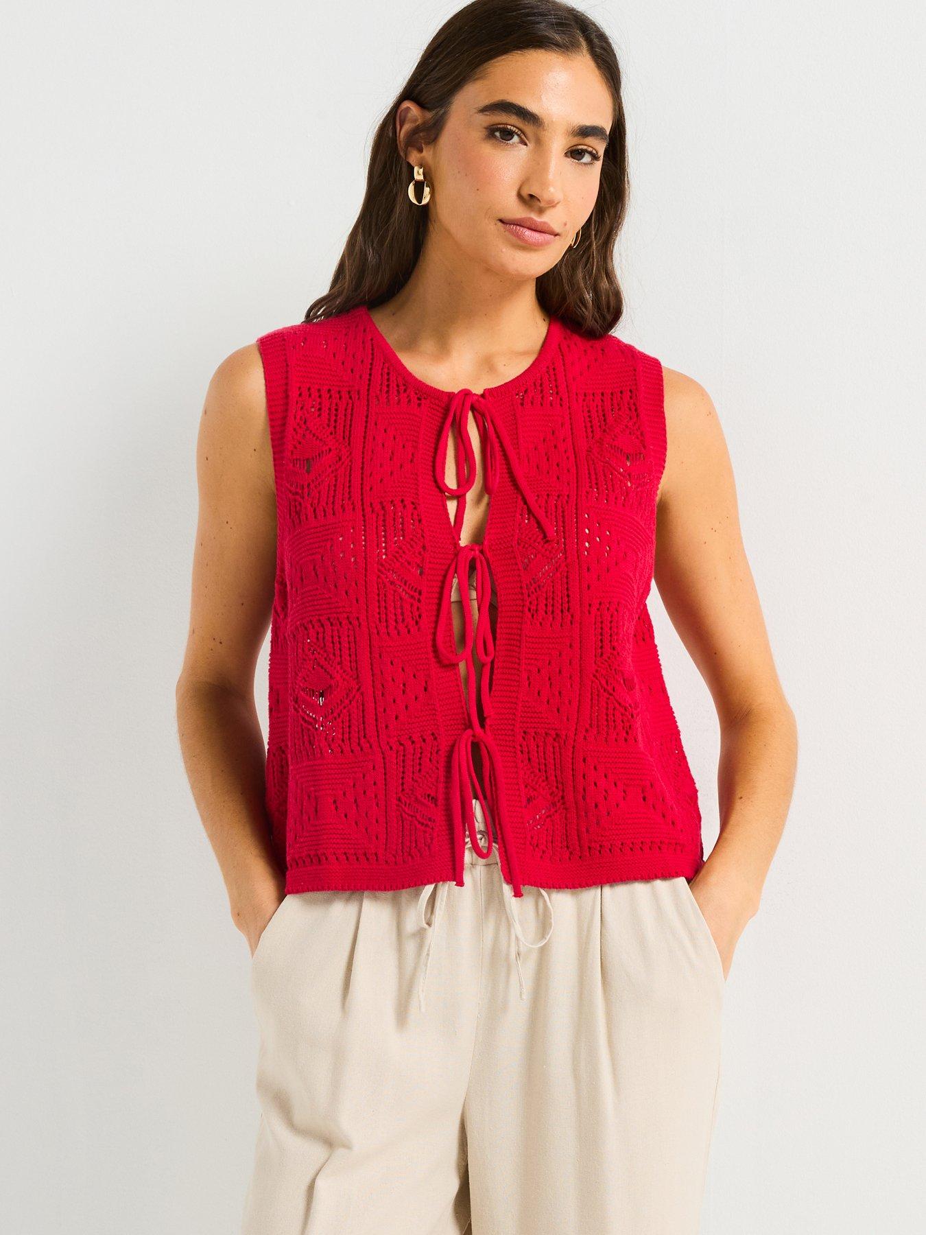 Image of V by Very Cotton Rich Tie Front Textured Waistcoat - Red