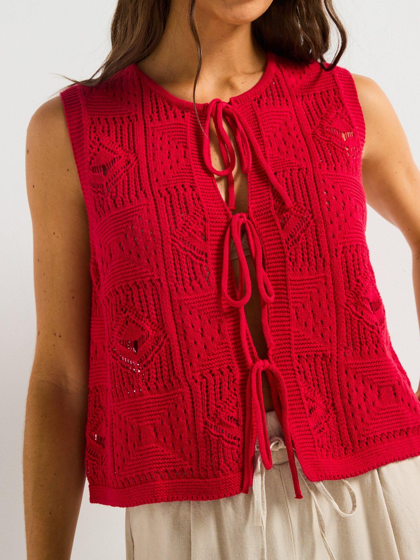 Image 4 of 5 of V by Very Cotton Rich Tie Front Textured Waistcoat - Red