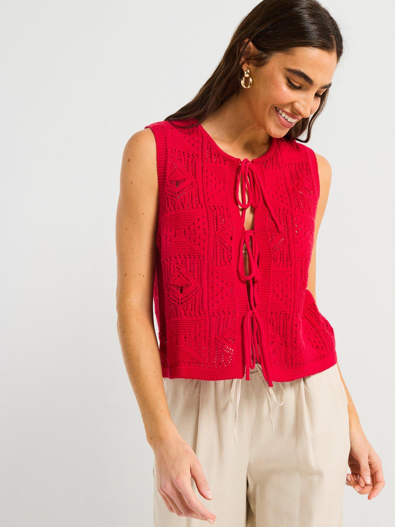 Image 5 of 5 of V by Very Cotton Rich Tie Front Textured Waistcoat - Red