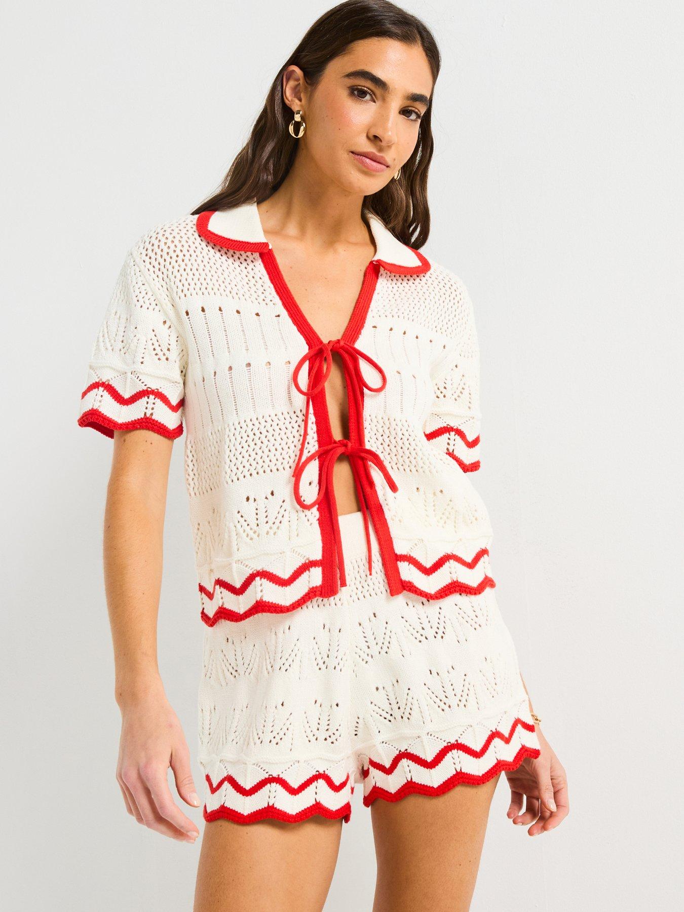 Image of V by Very Cotton Rich Pointelle Stripe Shirt Co-Ord - Cream