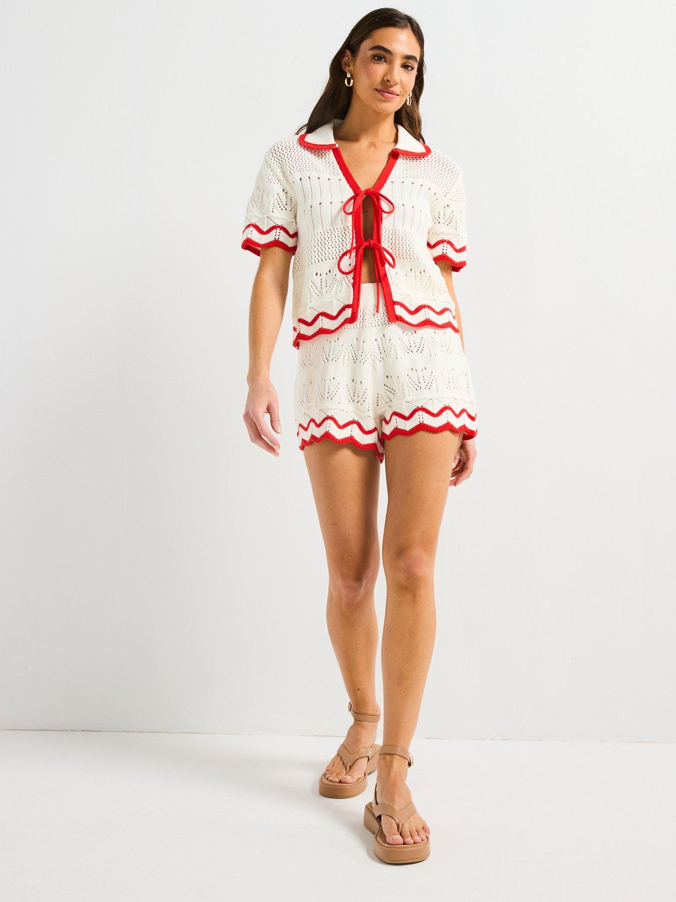 Image 3 of 5 of V by Very Cotton Rich Pointelle Stripe Short Co-Ord - Cream