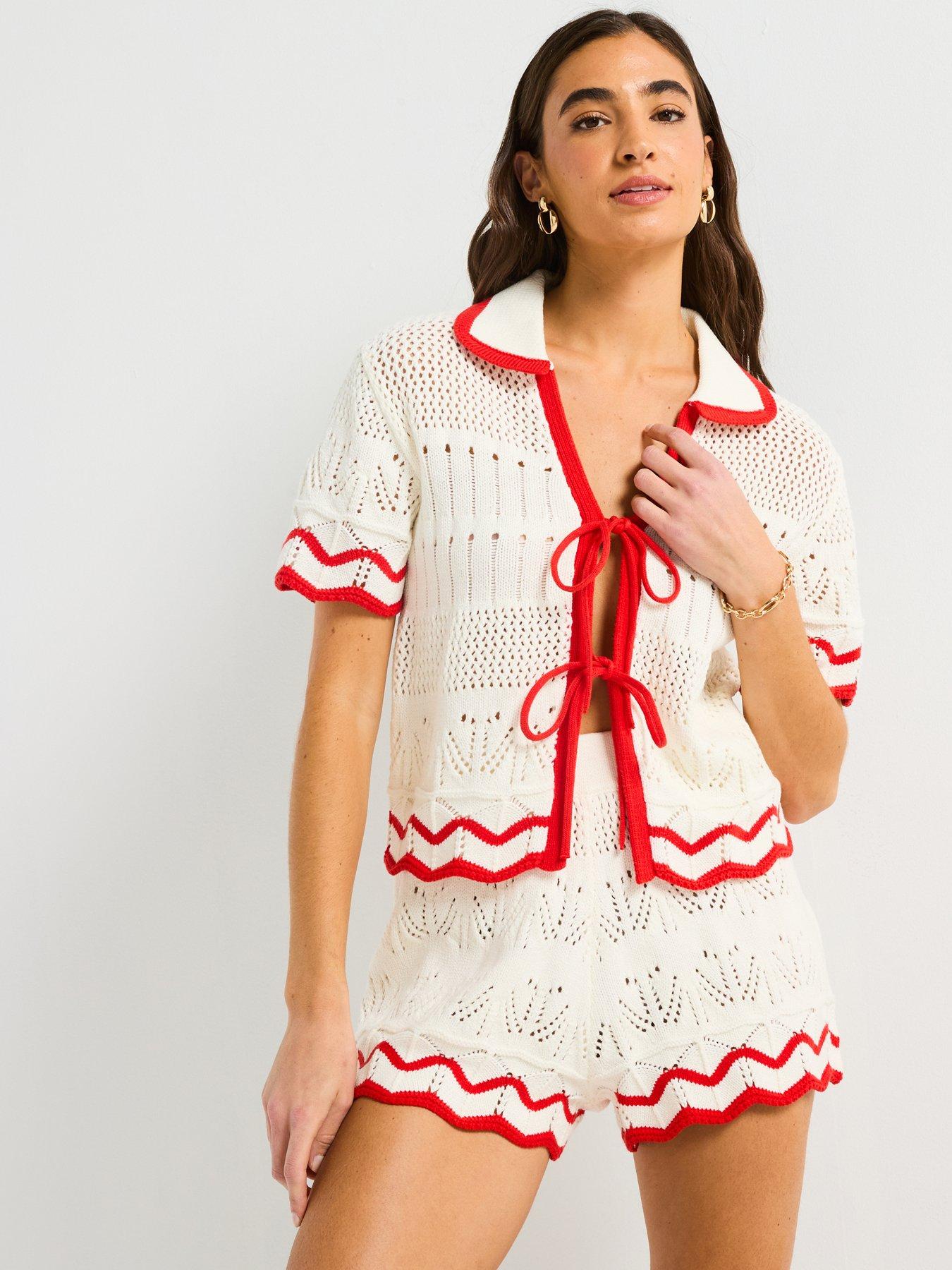 Image 5 of 5 of V by Very Cotton Rich Pointelle Stripe Short Co-Ord - Cream