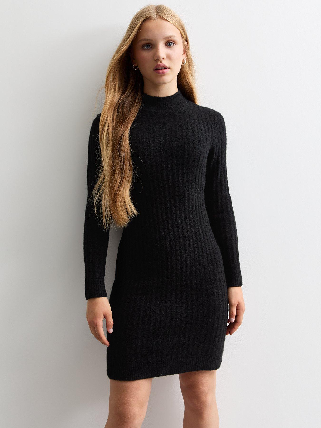 new-look-915-girls-black-rib-knitted-dress