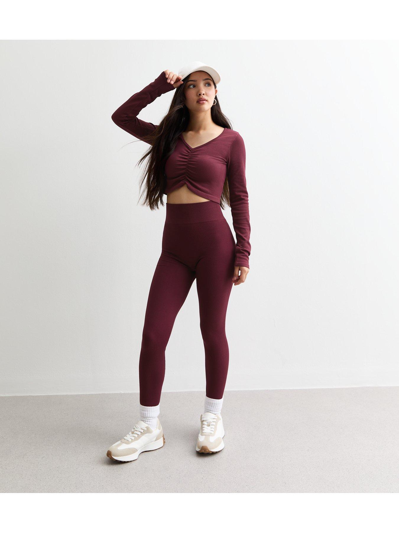 new-look-915-girls-burgundy-ribbed-ruched-long-sleeved-sports-topstillFront