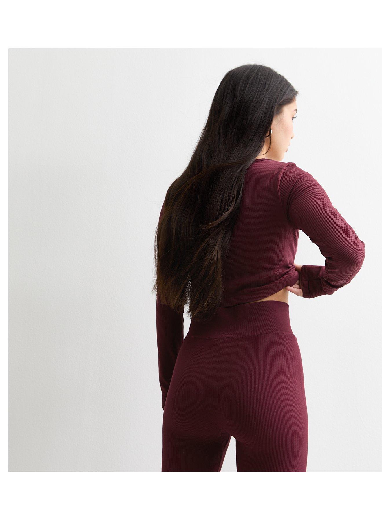 new-look-915-girls-burgundy-ribbed-ruched-long-sleeved-sports-topback