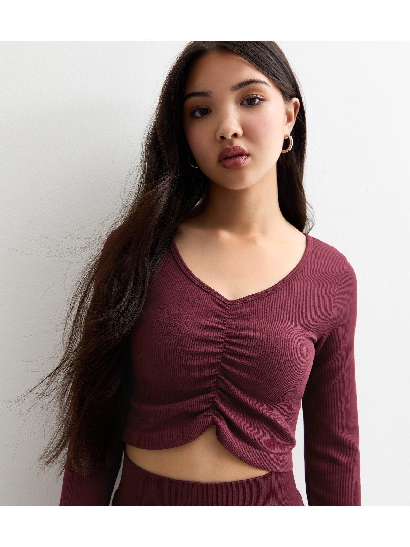 new-look-915-girls-burgundy-ribbed-ruched-long-sleeved-sports-topoutfit