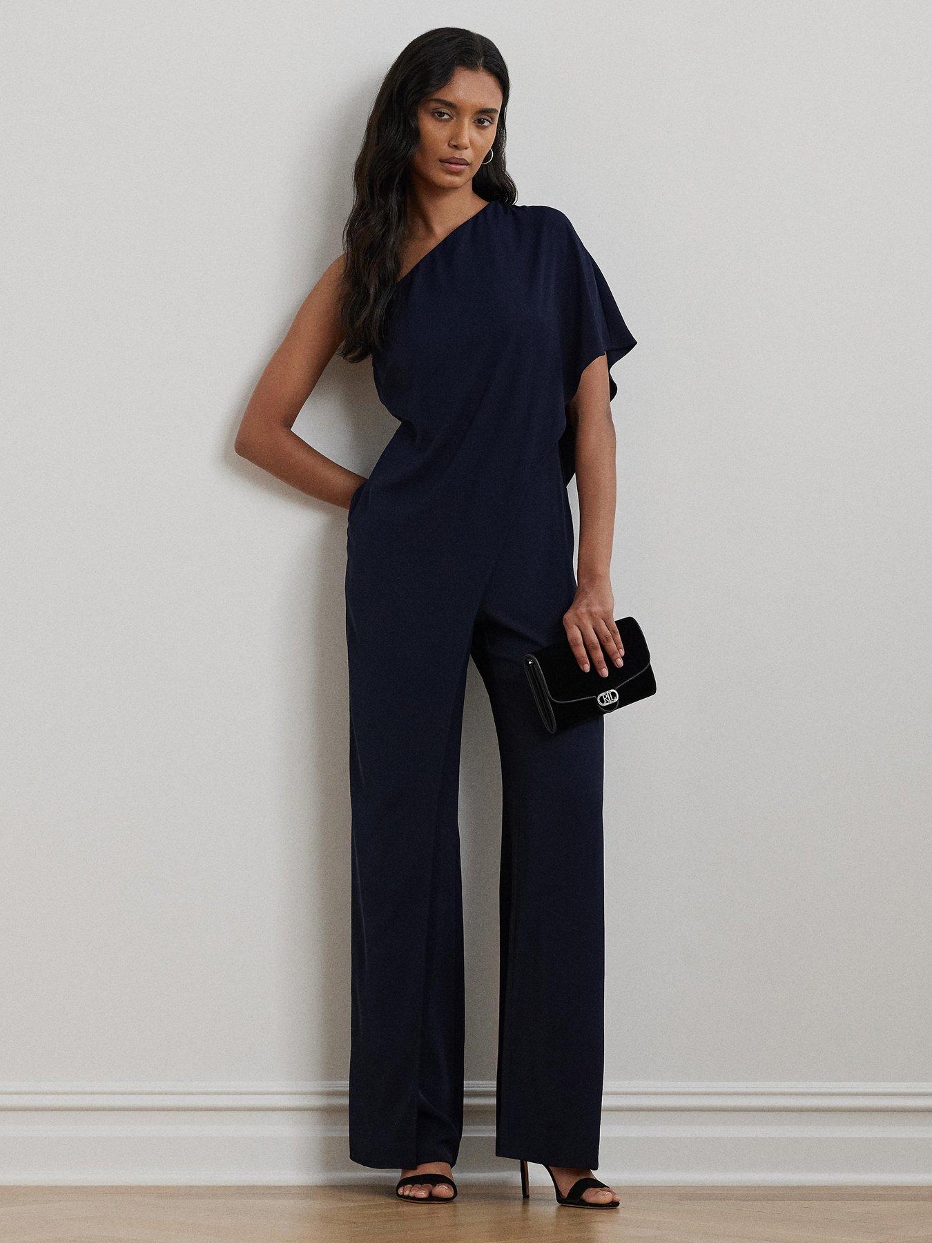 Image 1 of 6 of Lauren by Ralph Lauren Cape Georgette One-Shoulder Jumpsuit - Navy