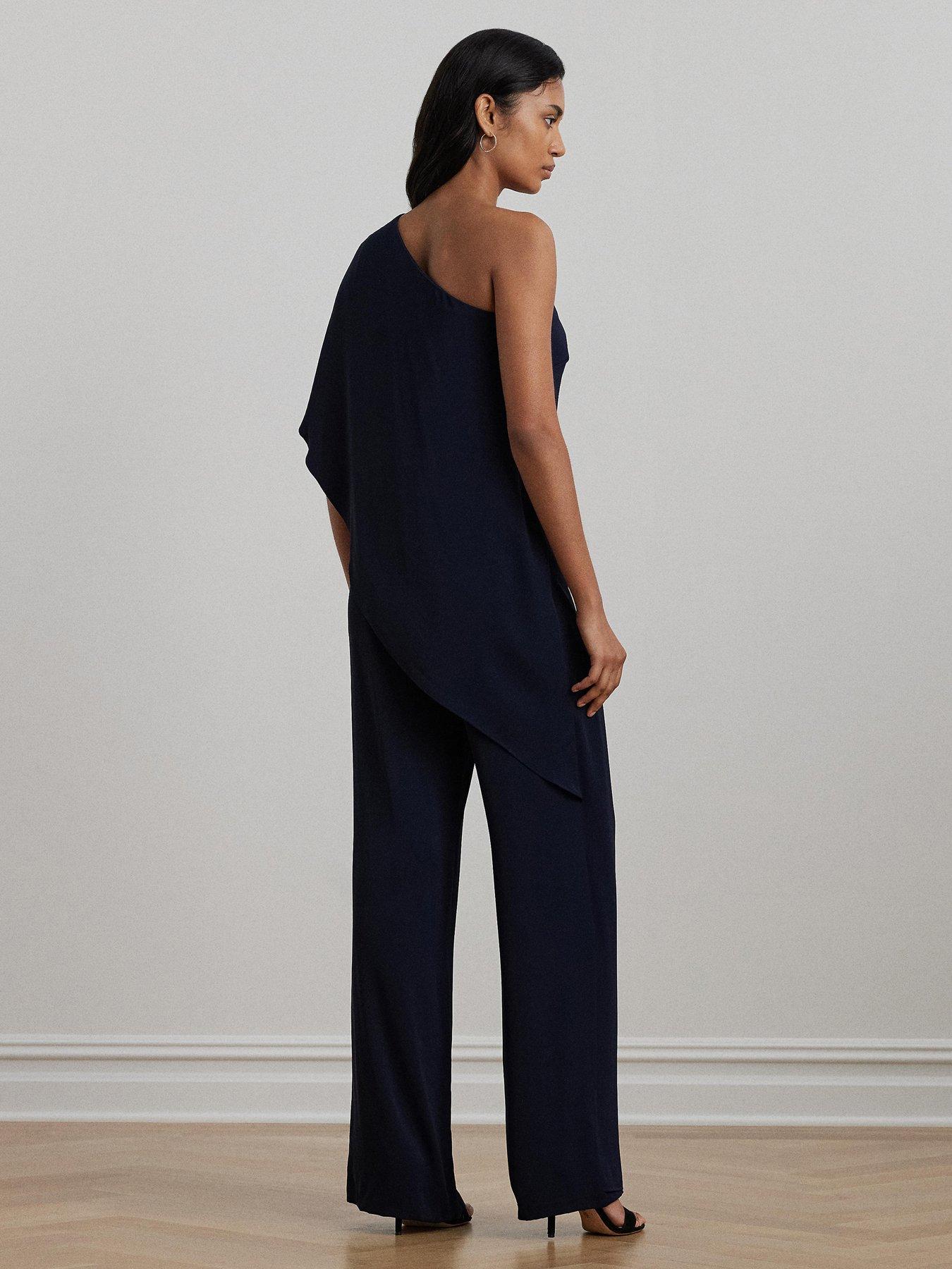Image 2 of 6 of Lauren by Ralph Lauren Cape Georgette One-Shoulder Jumpsuit - Navy