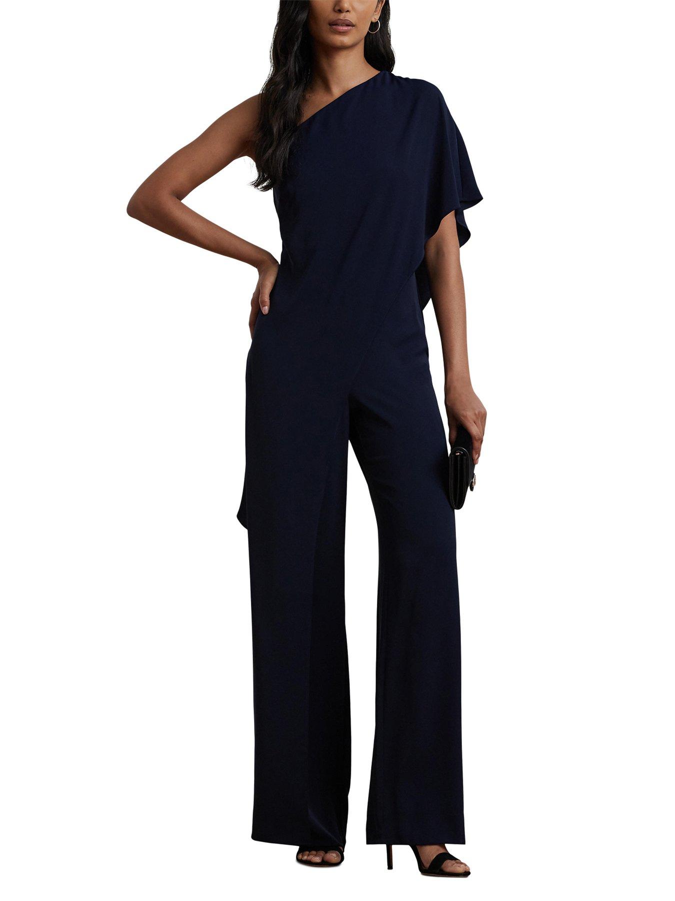 Image 3 of 6 of Lauren by Ralph Lauren Cape Georgette One-Shoulder Jumpsuit - Navy
