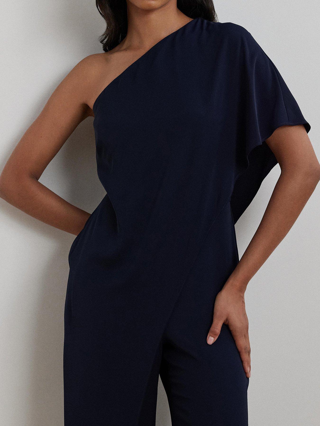 Image 4 of 6 of Lauren by Ralph Lauren Cape Georgette One-Shoulder Jumpsuit - Navy