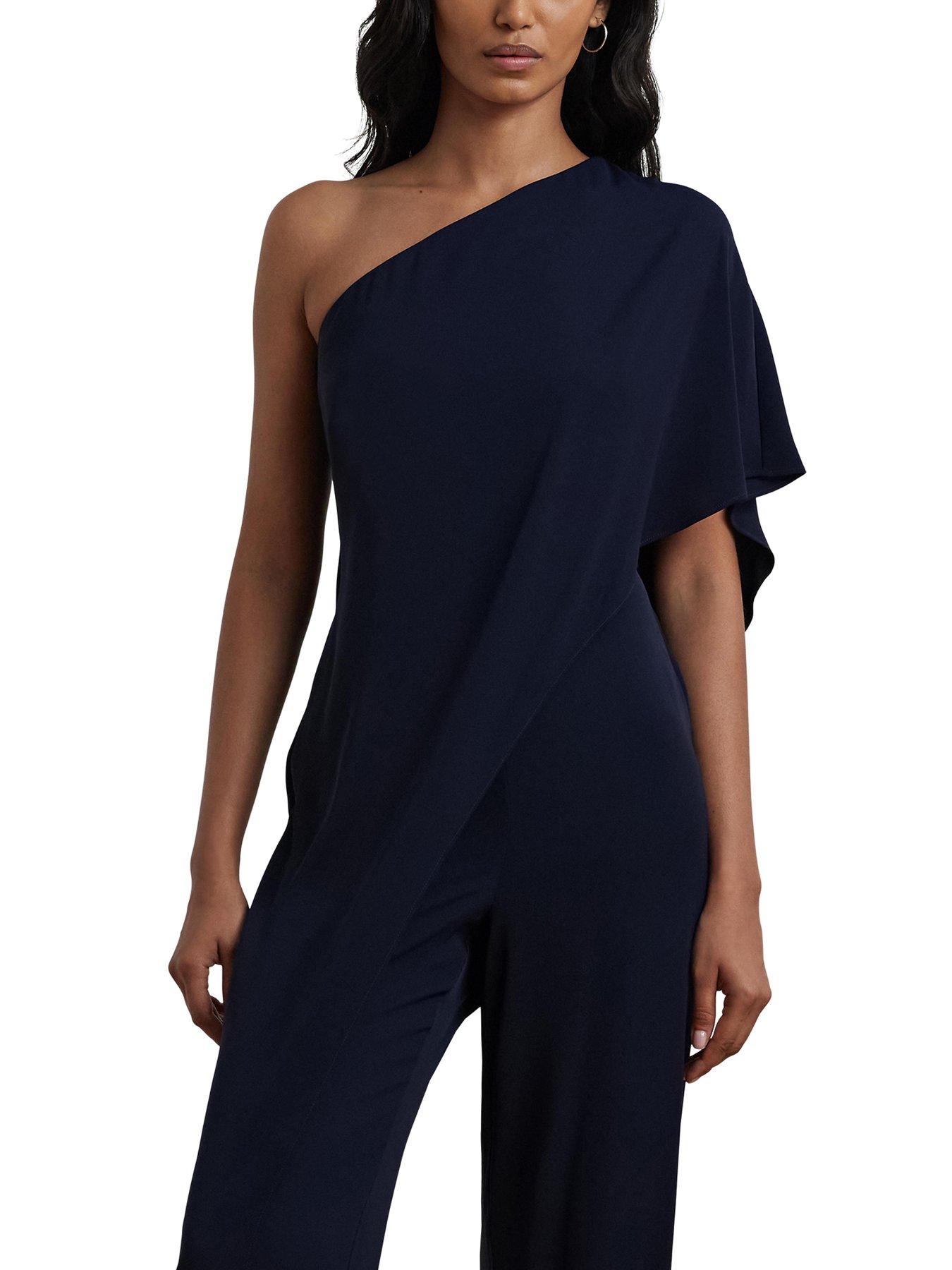 Image 5 of 6 of Lauren by Ralph Lauren Cape Georgette One-Shoulder Jumpsuit - Navy