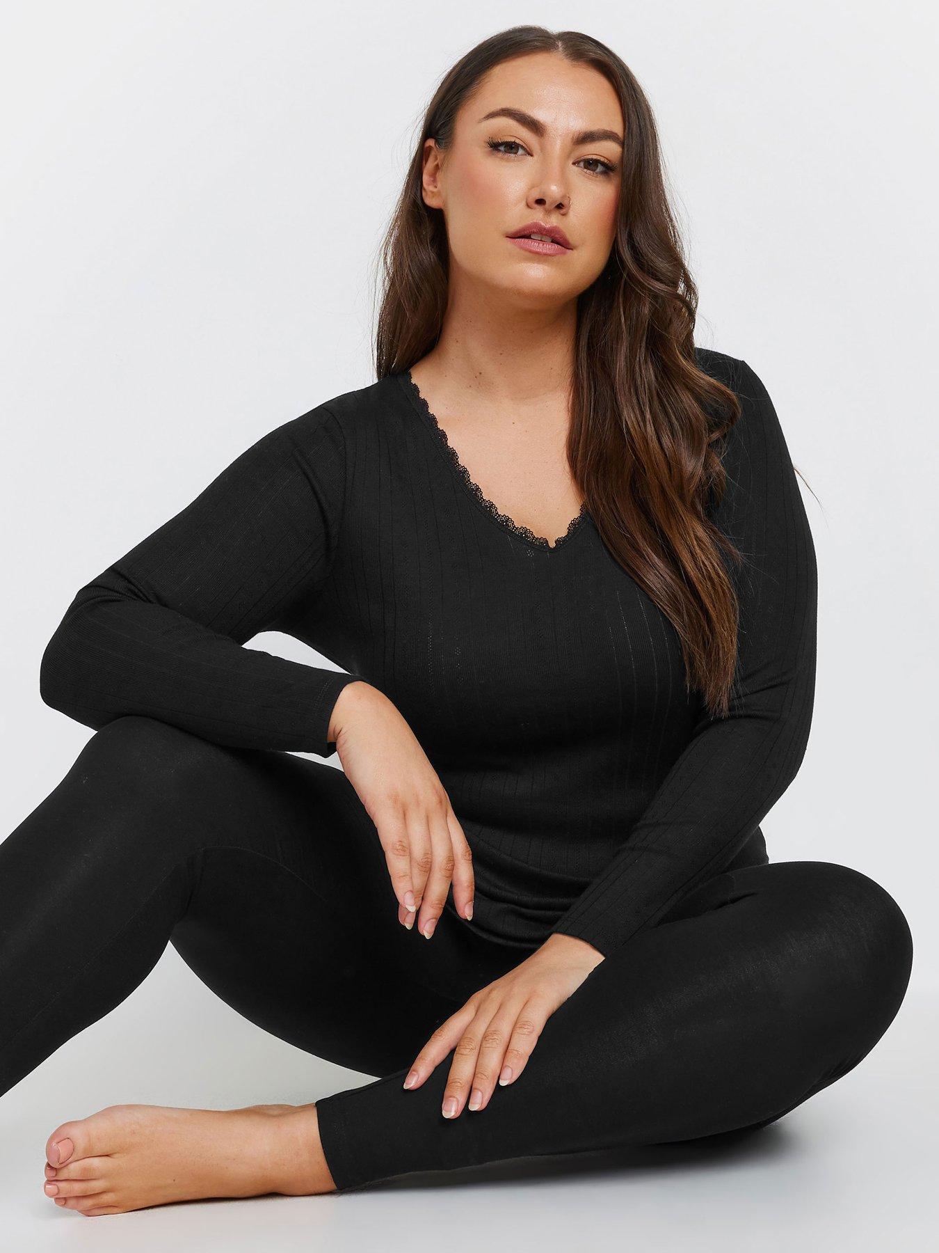 Yours Curve Pointelle Thermal Long Sleeve Top - Black