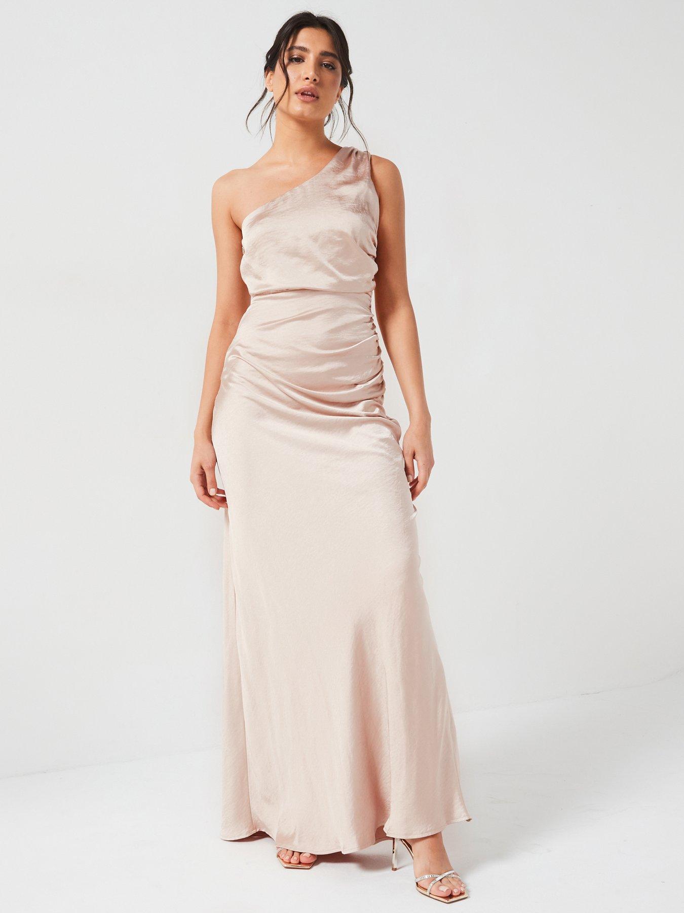 Six Stories One Shoulder Satin Ruched Bridesmaid Dress - Oyster - Beige |  Very Ireland