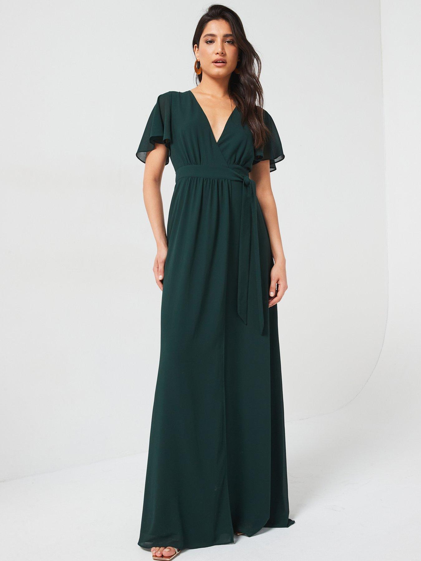 Image 1 of 4 of Six Stories Flutter Sleeve Wrap Tie Chiffon Bridesmaid Dress - Emerald - Green