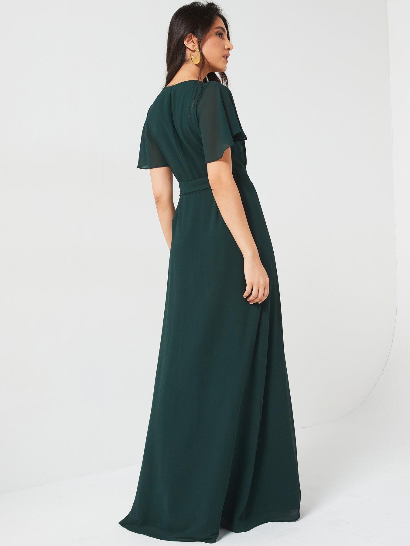 Image 2 of 4 of Six Stories Flutter Sleeve Wrap Tie Chiffon Bridesmaid Dress - Emerald - Green