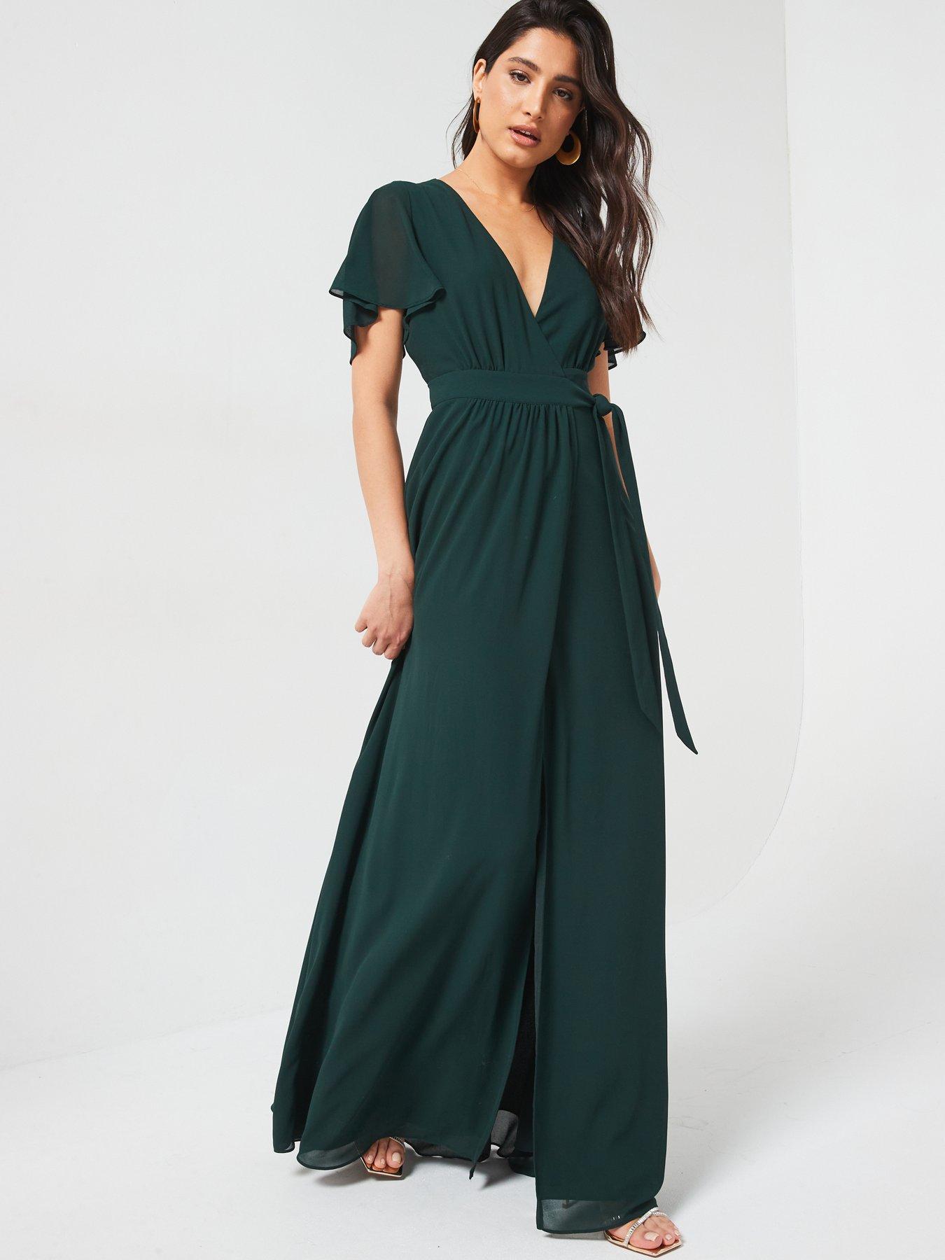 Image 3 of 4 of Six Stories Flutter Sleeve Wrap Tie Chiffon Bridesmaid Dress - Emerald - Green