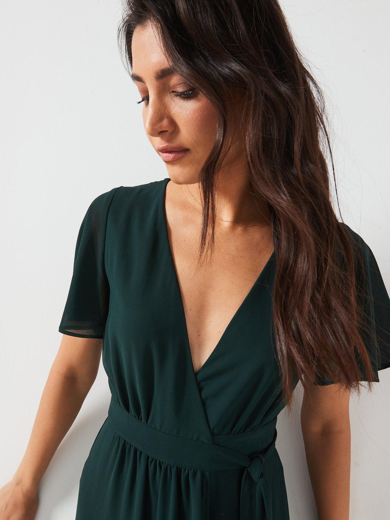 Image 4 of 4 of Six Stories Flutter Sleeve Wrap Tie Chiffon Bridesmaid Dress - Emerald - Green