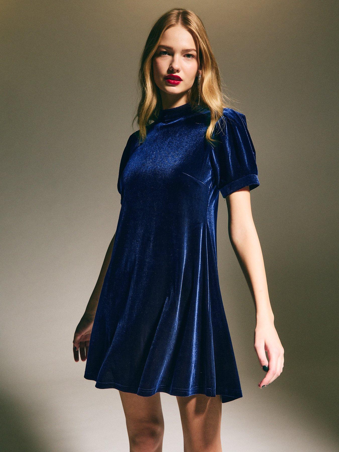 new-look-high-neck-short-sleeve-velvet-mini-dress-navy