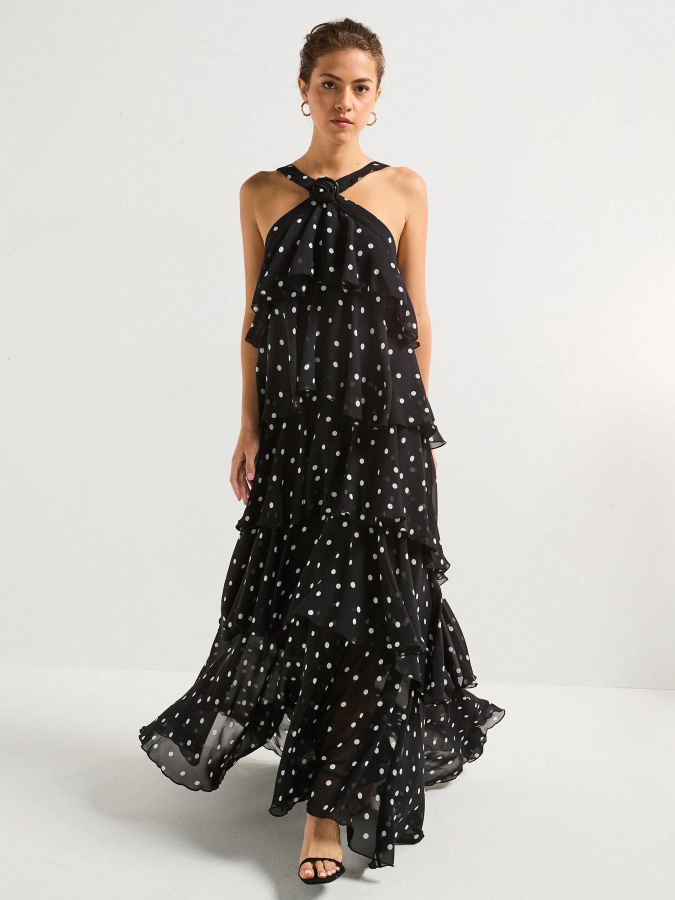 Image 1 of 6 of Vero Moda Polka Dot Ruffle Halter Neck Maxi Dress - Black