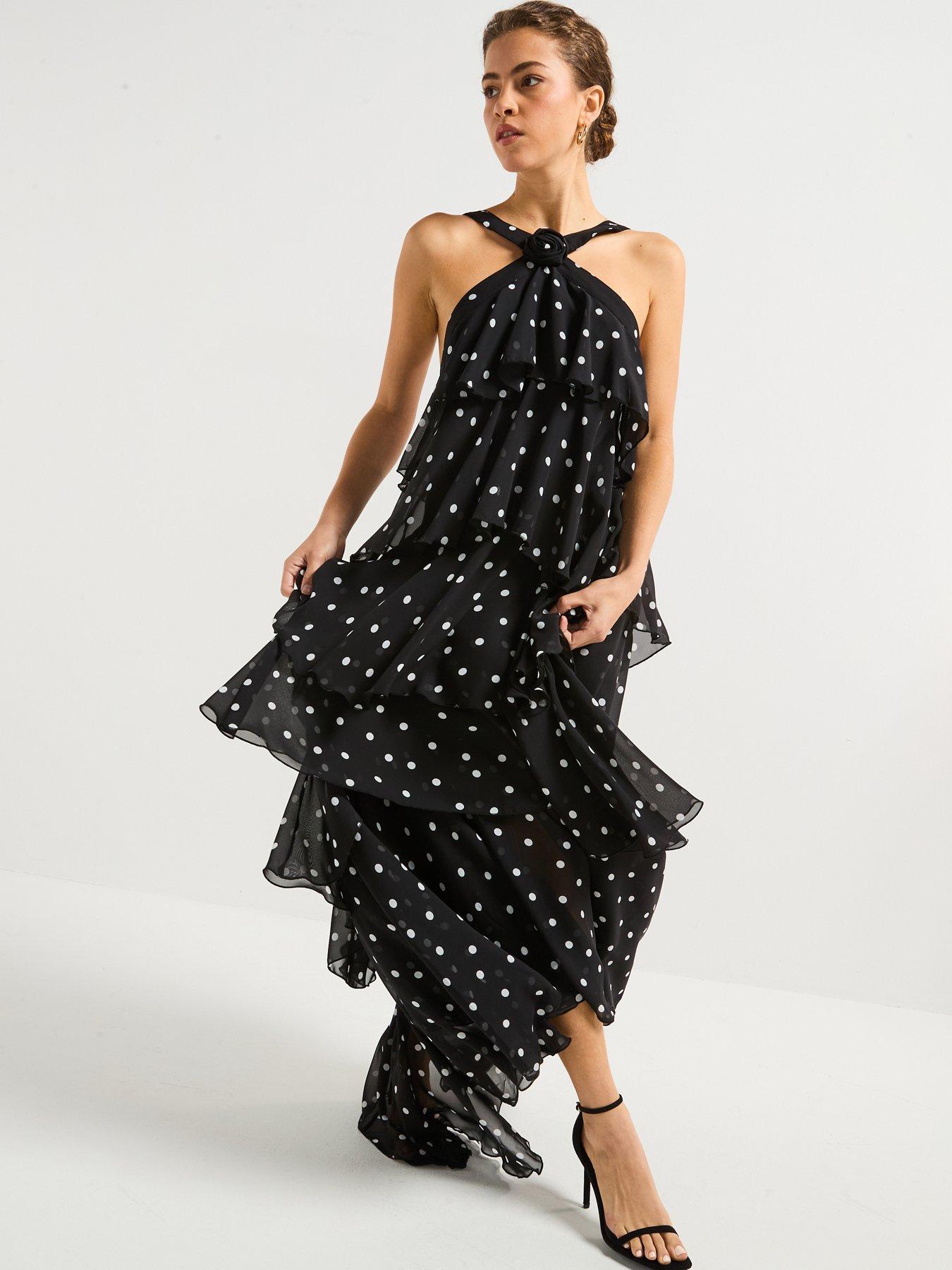 Image 3 of 6 of Vero Moda Polka Dot Ruffle Halter Neck Maxi Dress - Black