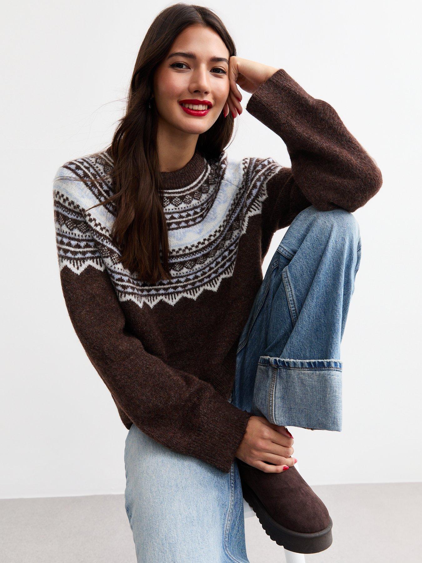 new-look-brown-sparkle-fairisle-yoke-jumper