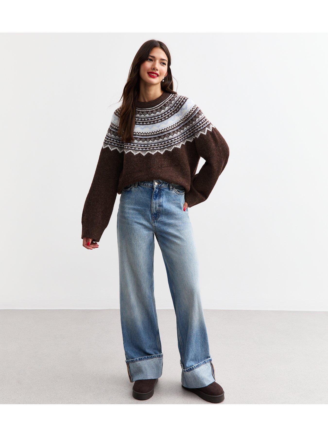 new-look-brown-sparkle-fairisle-yoke-jumperback