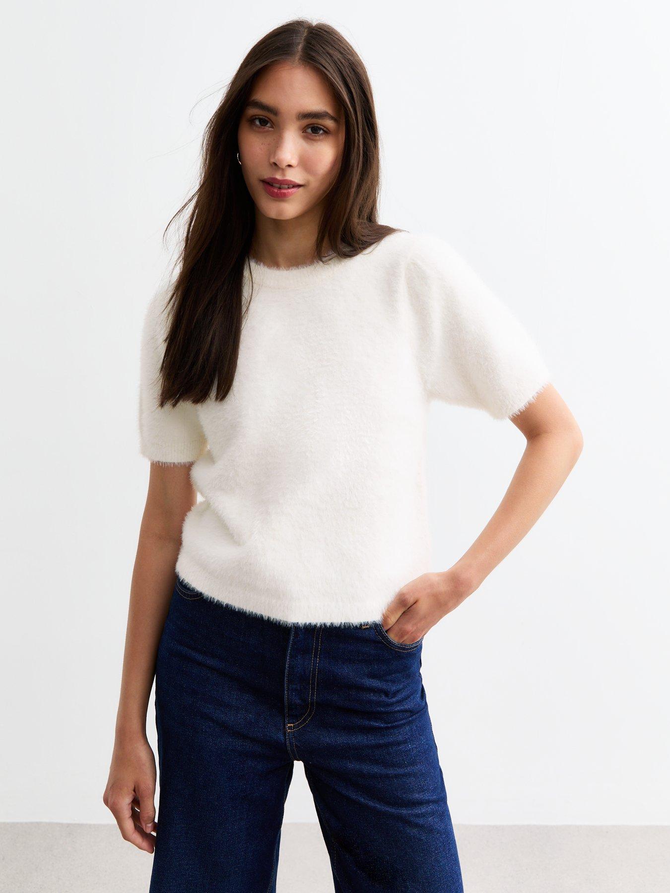 new-look-off-fluffy-knit-short-sleeve-top-white