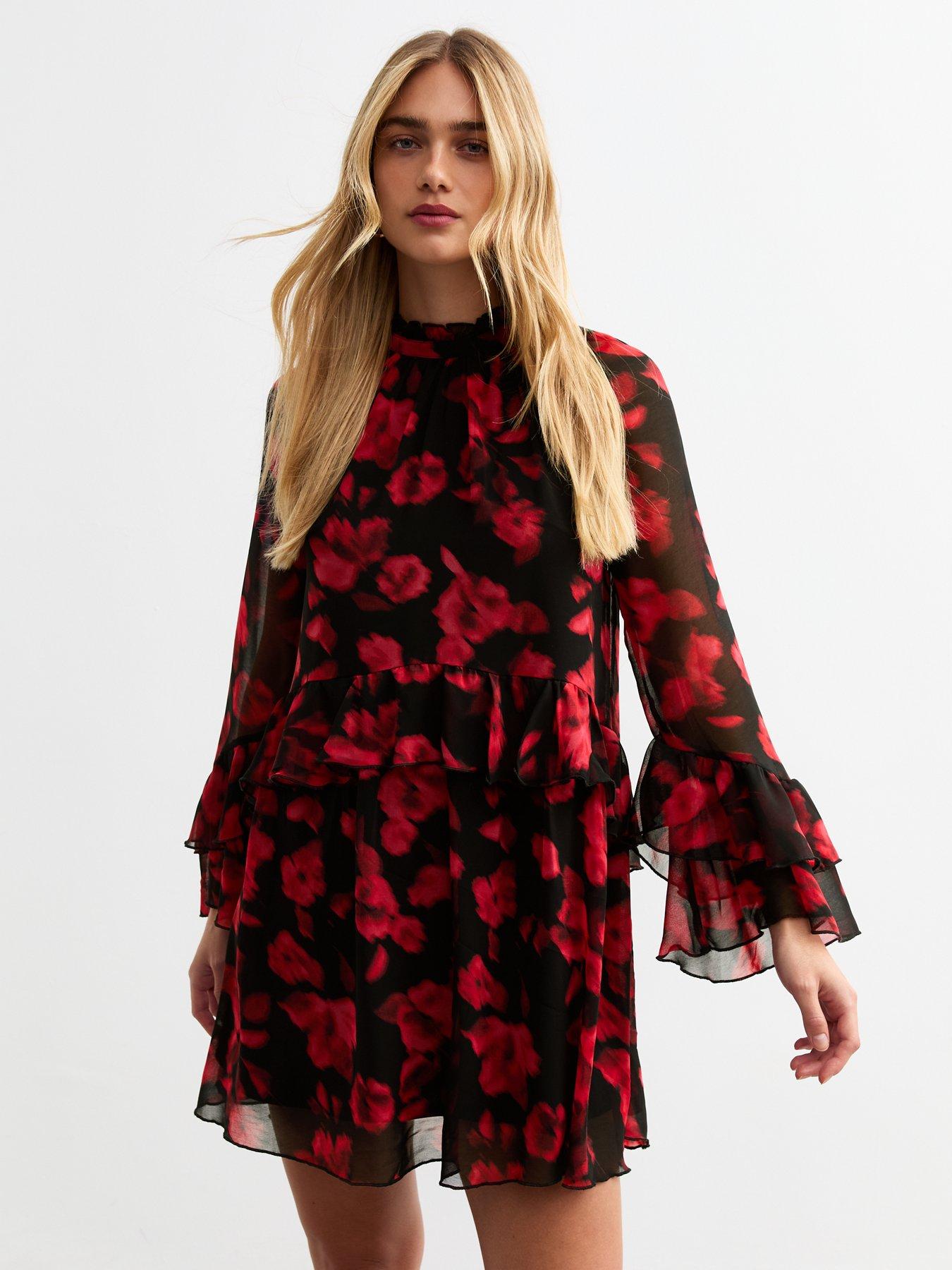 new-look-red-blur-rose-print-ruffled-chiffon-mini-dress