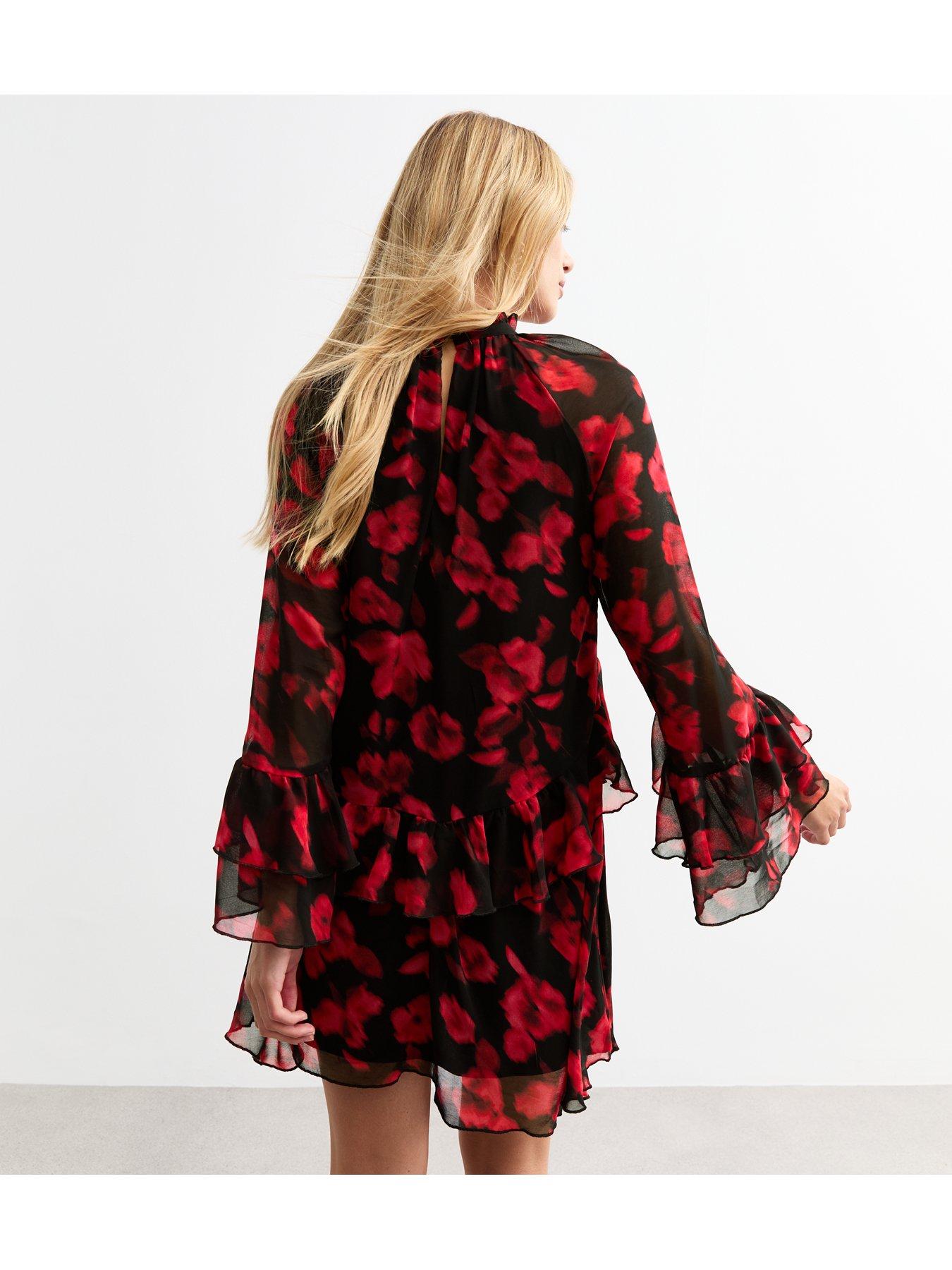 new-look-red-blur-rose-print-ruffled-chiffon-mini-dressstillFront