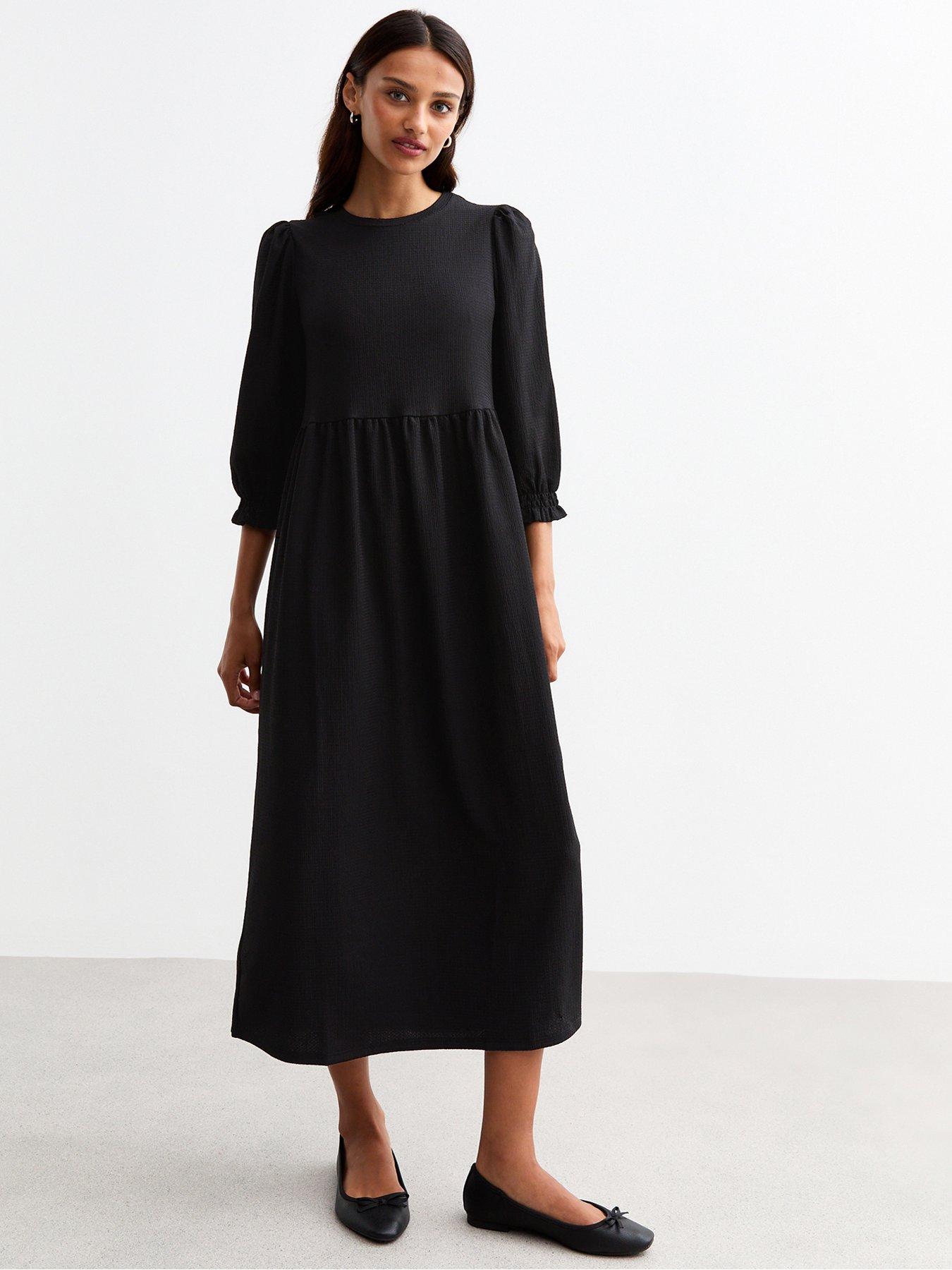 new-look-cropped-sleeve-textured-smock-dress-black