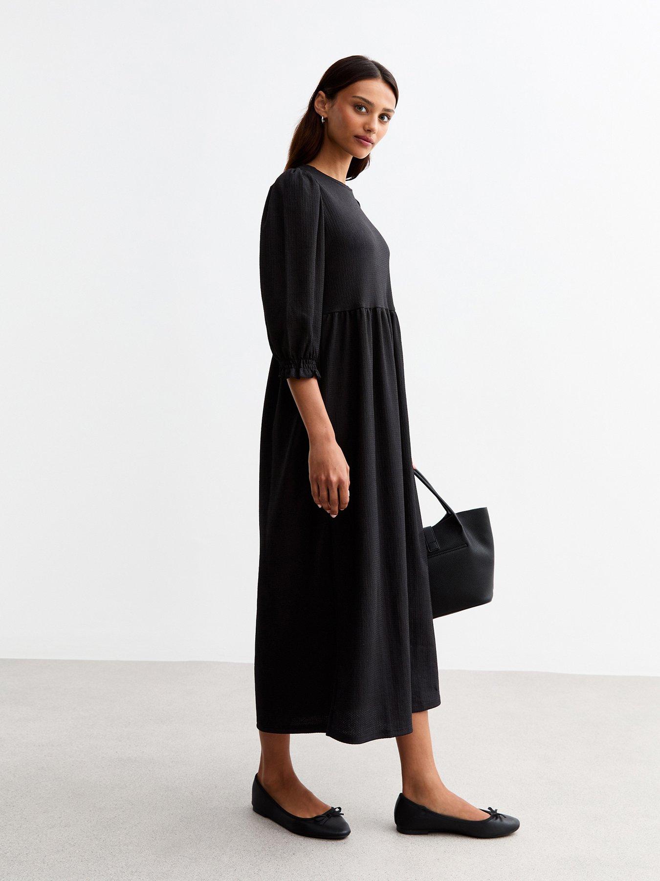 new-look-cropped-sleeve-textured-smock-dress-blackback