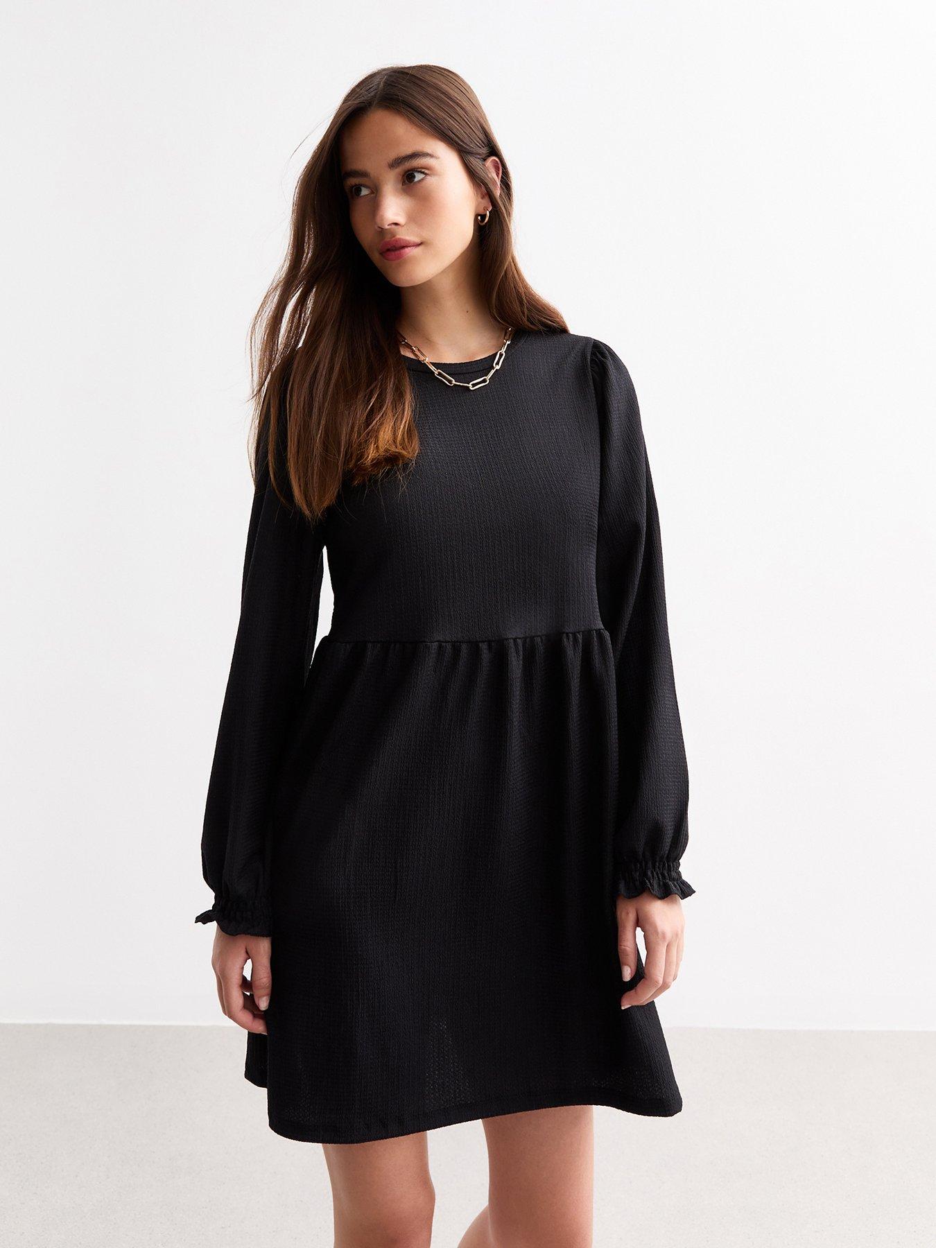 new-look-crinkle-long-sleeve-mini-smock-dress-black