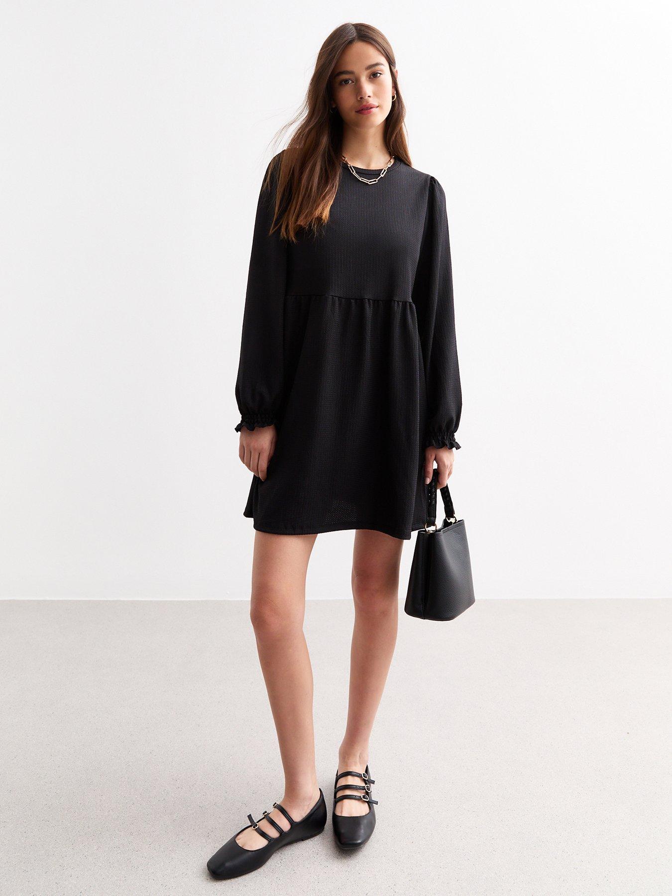 new-look-crinkle-long-sleeve-mini-smock-dress-blackback