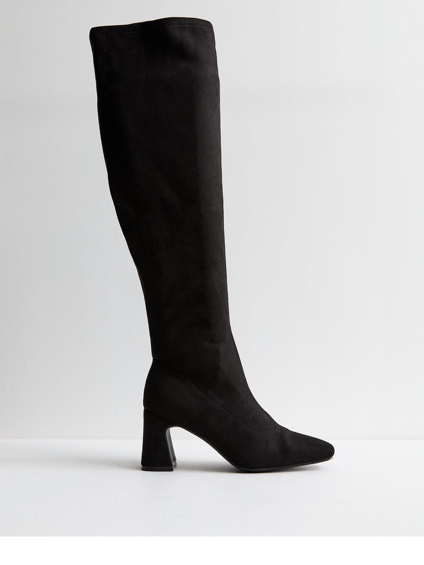 Image of New Look Wide Fit Suedette Block Heel Knee High Boots - Black