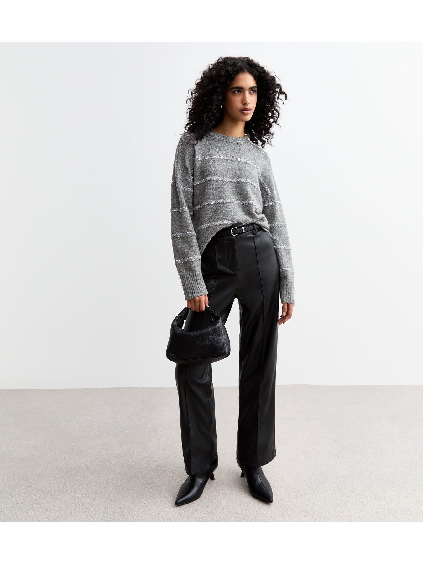 new-look-grey-sequinned-stripe-jumperback