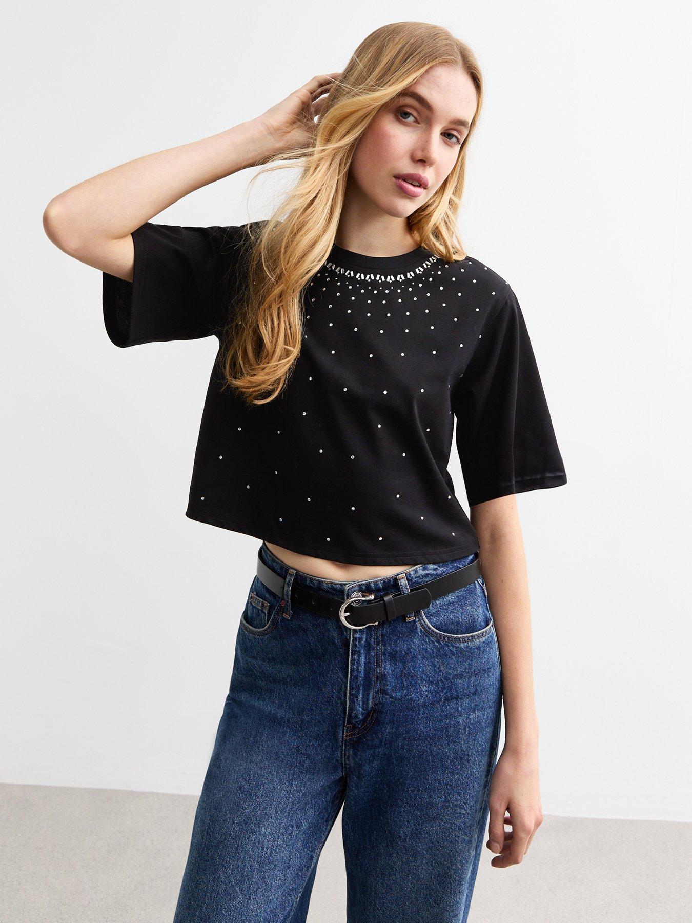 new-look-diamanteacute-cotton-blend-boxy-crop-t-shirt-blackfront