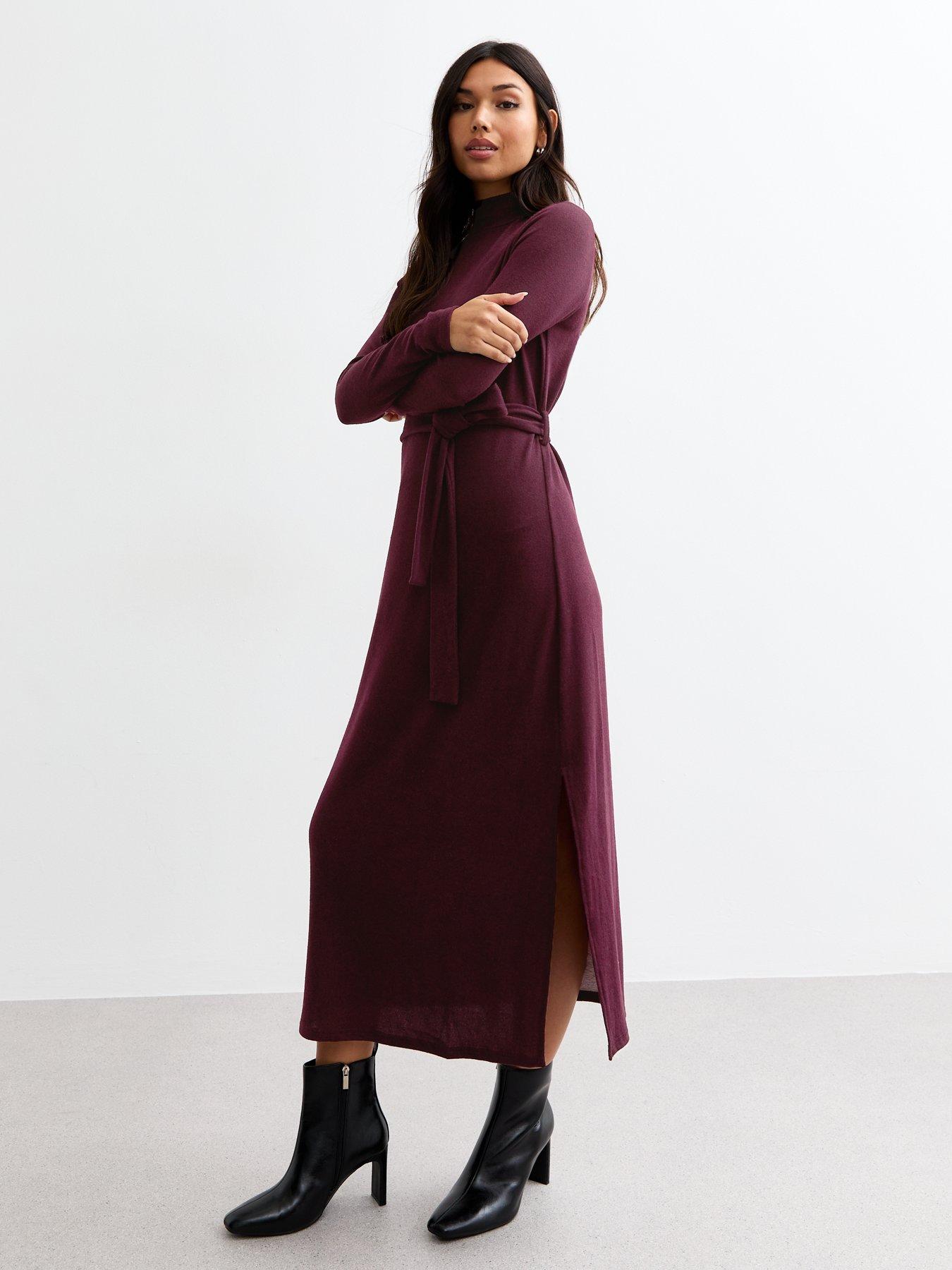 new-look-burgundy-soft-touch-slit-hem-roll-neck-midi-dressfront