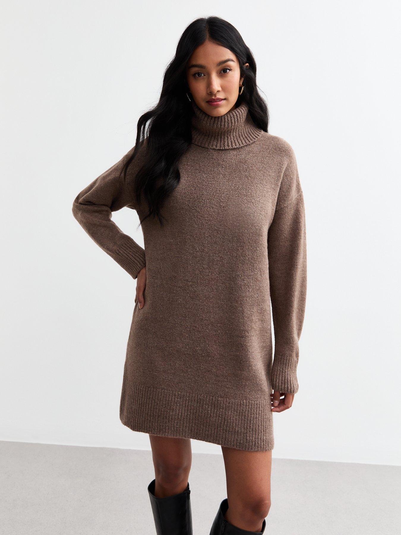 new-look-knit-roll-neck-mini-jumper-dress-brown