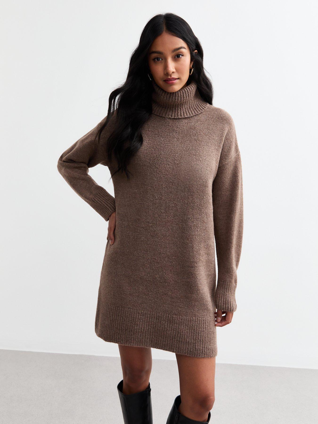 undefined Knit Roll Neck Mini Jumper Dress - Brown