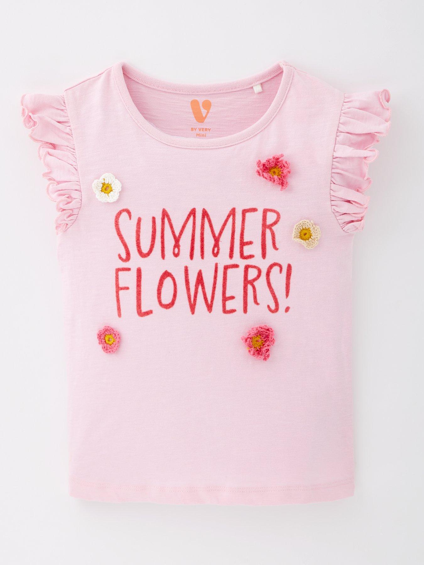Image 1 of 4 of Mini V by Very Girls Summer Flower Short Sleeve T-Shirt - Pink