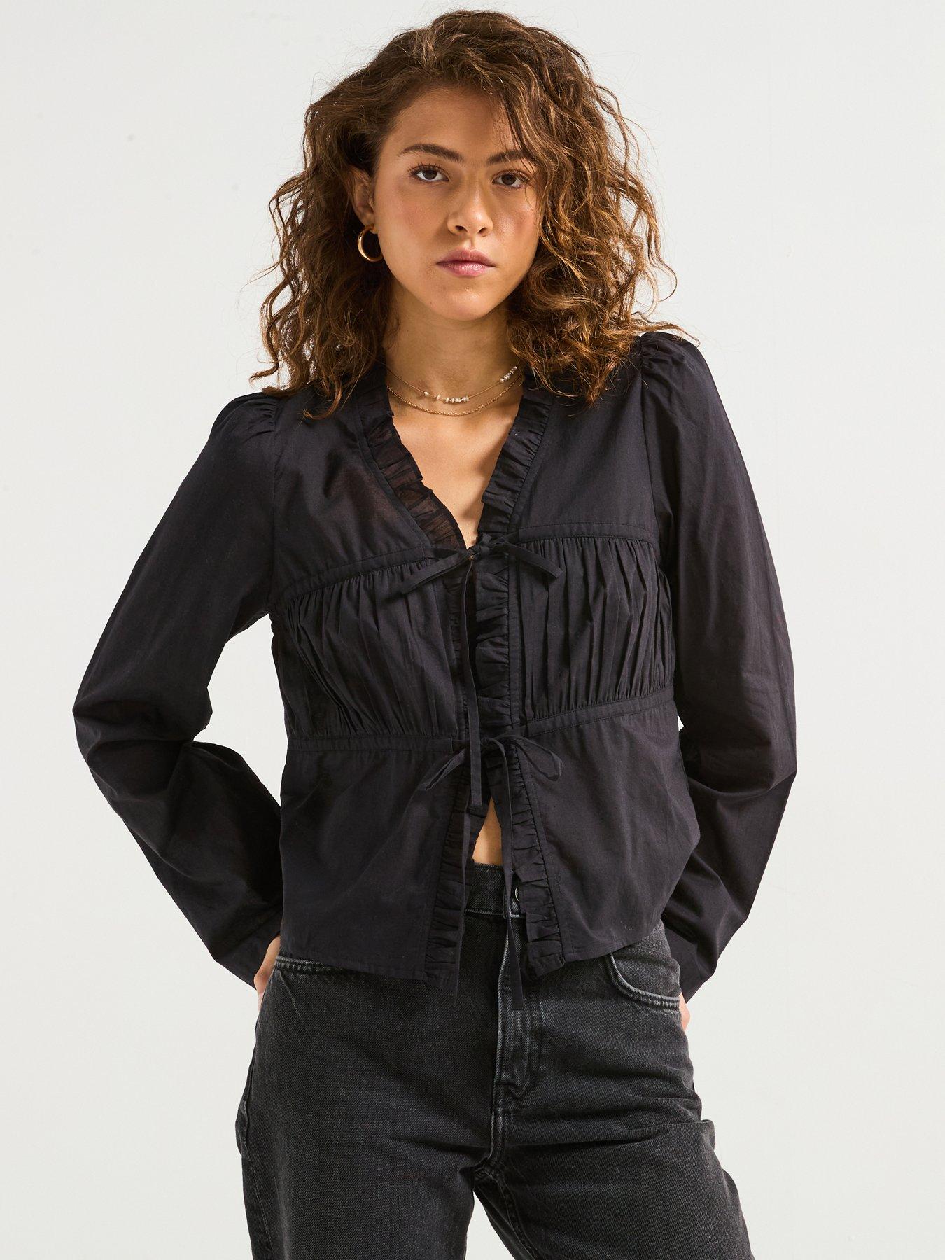 Image 1 of 6 of PIECES V Neck Frill Detail Blouse - Black