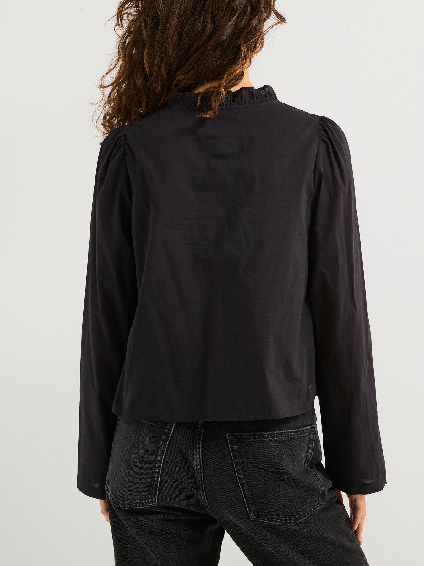 pieces-v-neck-frill-detail-blouse-blackstillFront